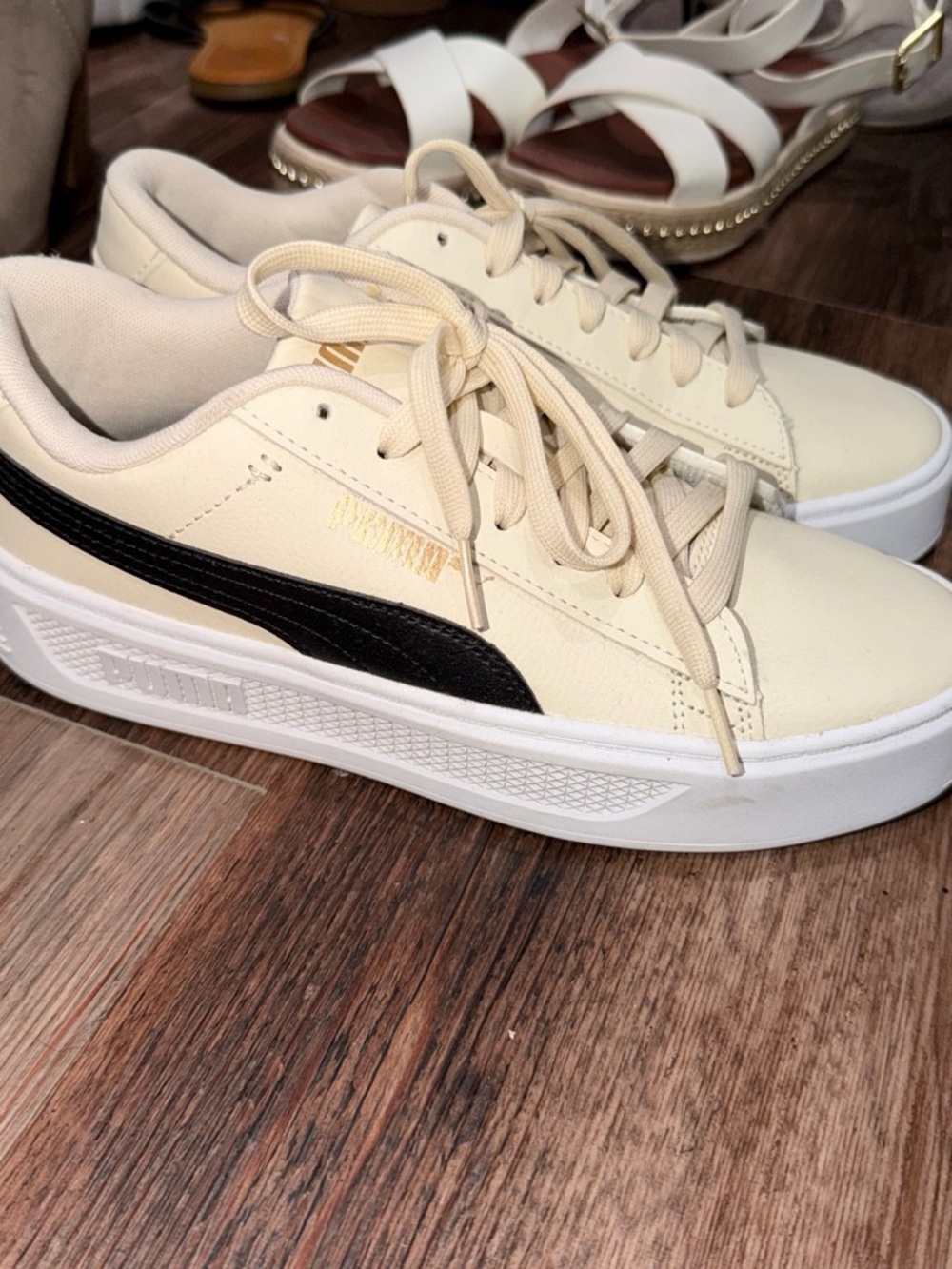 Puma Cream Platform Sneakers with Black Stripe